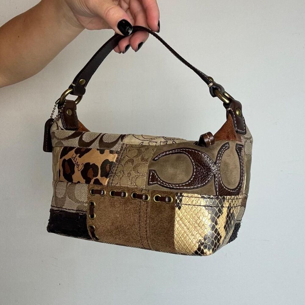 Coach Demi Vintage Y2K Brown Patchwork Leopard Print Signature Canvas Mini Bag
